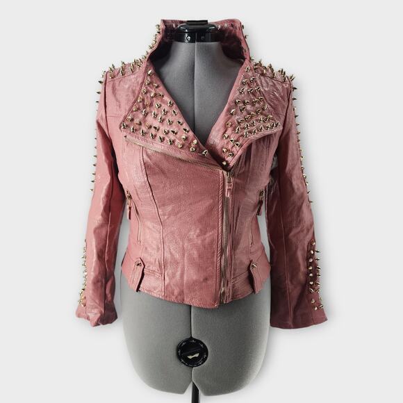 SX Honey Pot Spiked Jacket Womens S Faux Leather Baby Pink Belted Punk Moto NWT - Picture 1 of 10